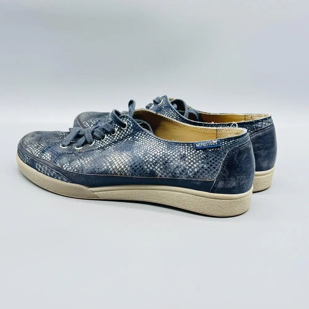 Mephisto Shoes Womens 7 Blue Leather Runoff Snake Print Low Top Lace Up Sneakers - Picture 4 of 11